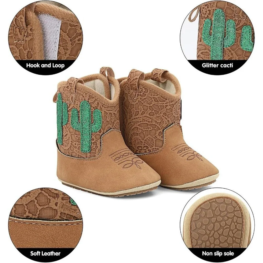 Infant Toddler Khaki Cacti Faux Leather Western Rubber Sole Tassel Booties
